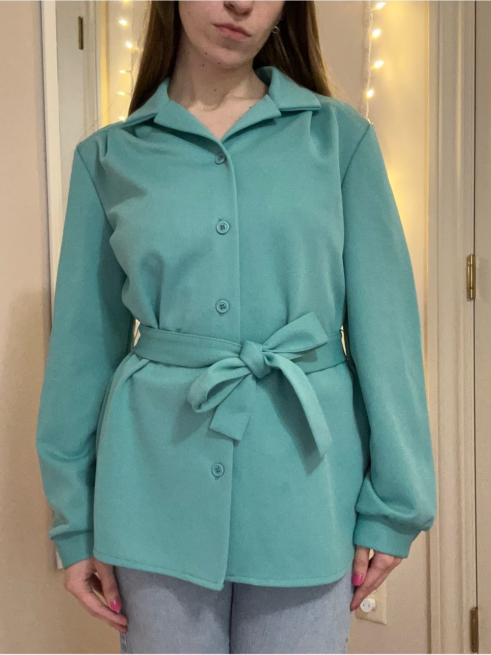 Vintage Turquoise Button Down Shirt with Waist Tie